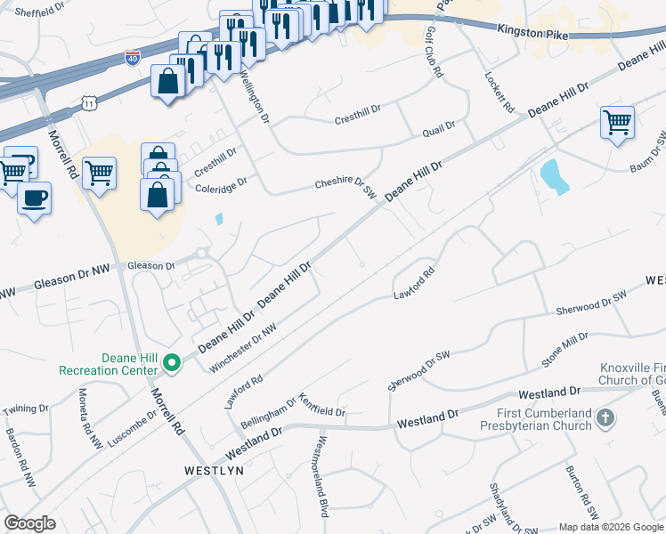 map of restaurants, bars, coffee shops, grocery stores, and more near 7128 Deane Hill Drive in Knoxville