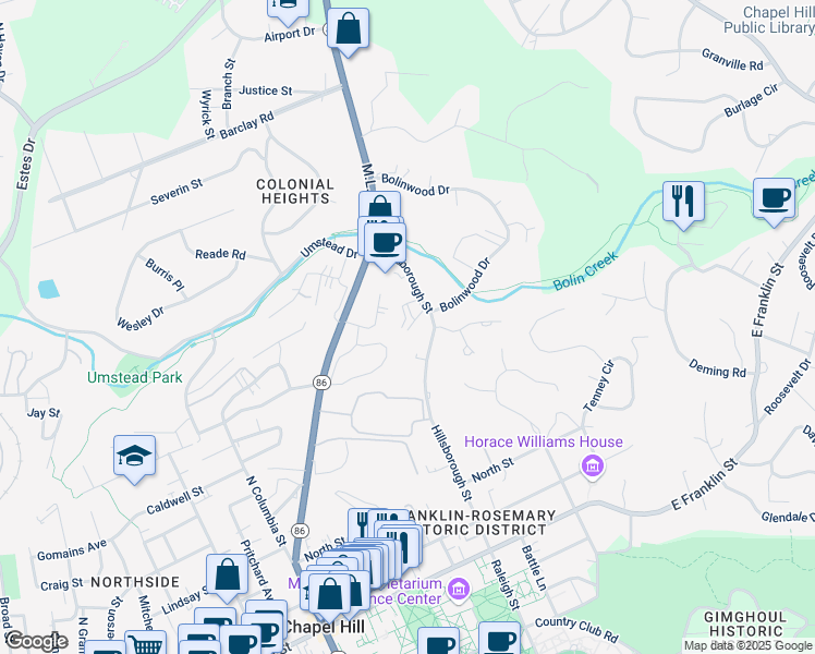 map of restaurants, bars, coffee shops, grocery stores, and more near 529 Hillsborough Street in Chapel Hill