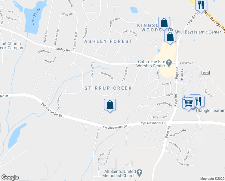 map of restaurants, bars, coffee shops, grocery stores, and more near 2912 Appling Way in Durham