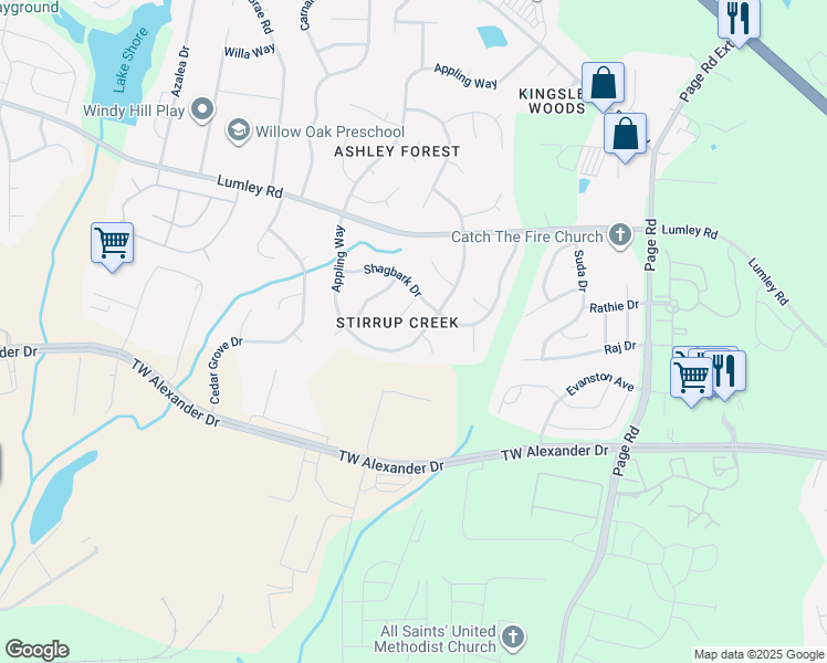 map of restaurants, bars, coffee shops, grocery stores, and more near 2912 Appling Way in Durham