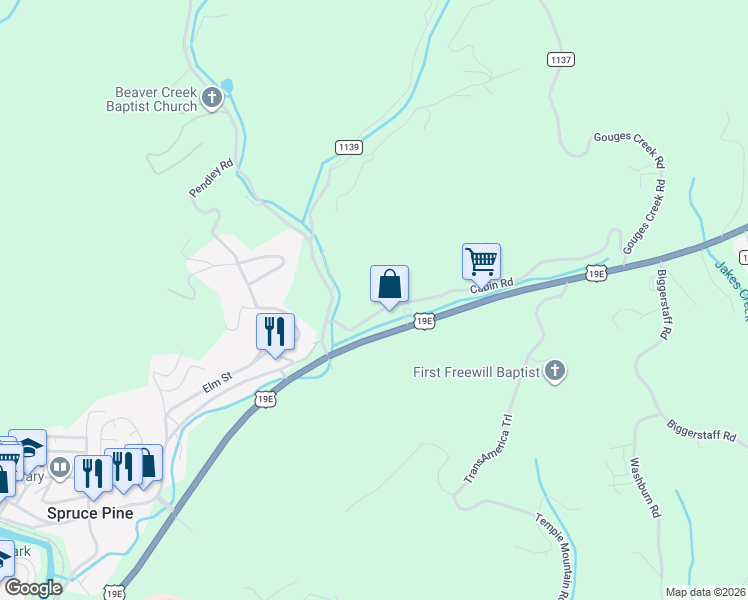 map of restaurants, bars, coffee shops, grocery stores, and more near 197 Cabin Road in Spruce Pine