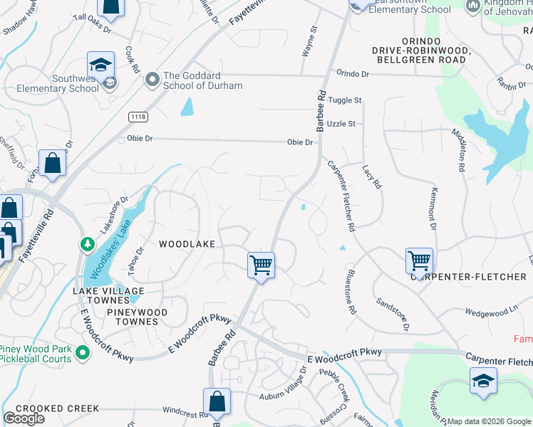 map of restaurants, bars, coffee shops, grocery stores, and more near 5 Cibola Court in Durham