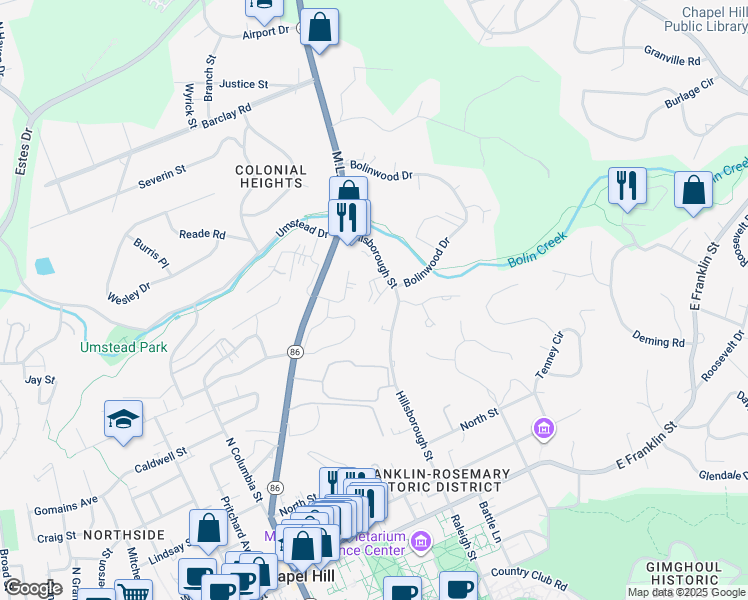 map of restaurants, bars, coffee shops, grocery stores, and more near 609 Hillsborough Street in Chapel Hill