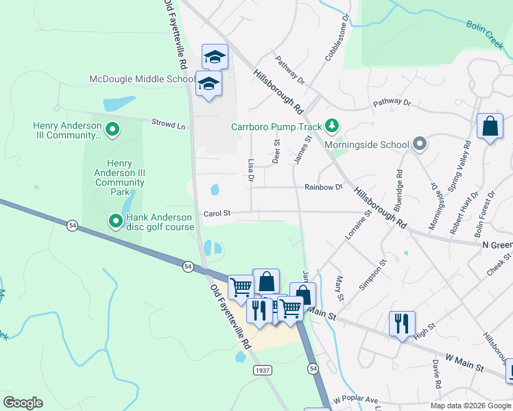 map of restaurants, bars, coffee shops, grocery stores, and more near 300 Lisa Drive in Carrboro