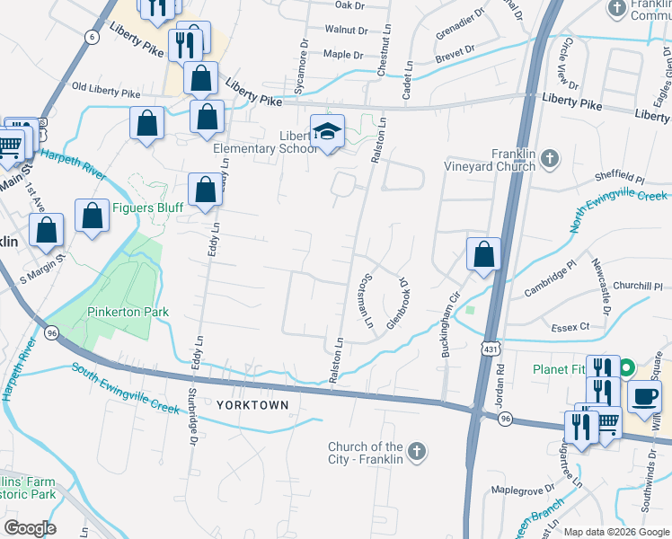 map of restaurants, bars, coffee shops, grocery stores, and more near 428 Dragonfly Court in Franklin