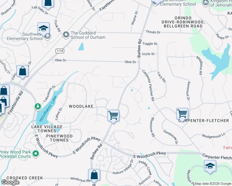 map of restaurants, bars, coffee shops, grocery stores, and more near 5 Cibola Court in Durham