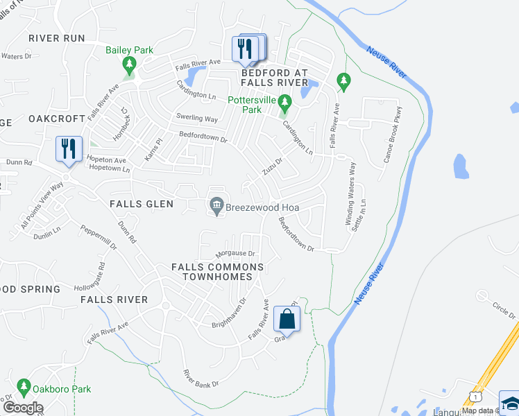 map of restaurants, bars, coffee shops, grocery stores, and more near 11316 Shadow Elms Lane in Raleigh