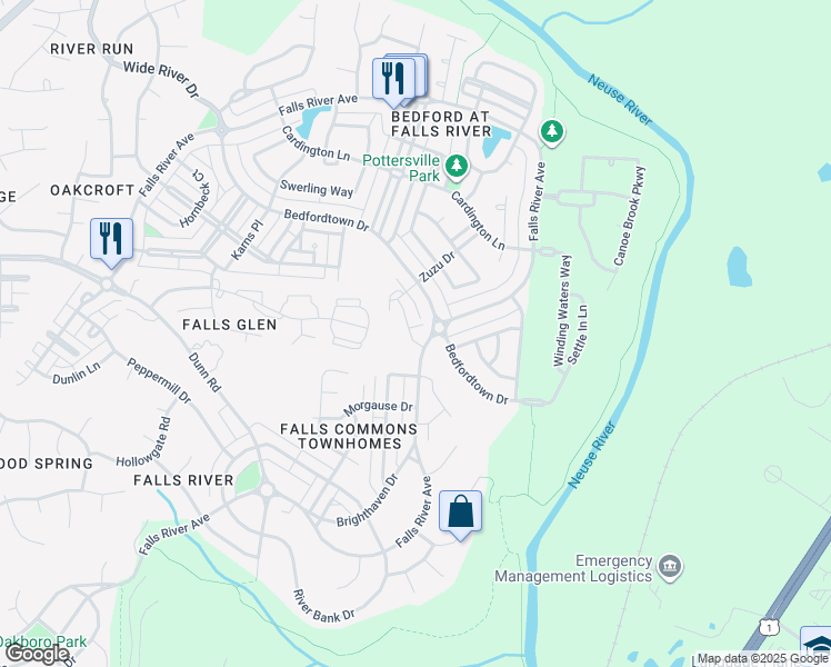 map of restaurants, bars, coffee shops, grocery stores, and more near 10720 Bedfordtown Drive in Raleigh