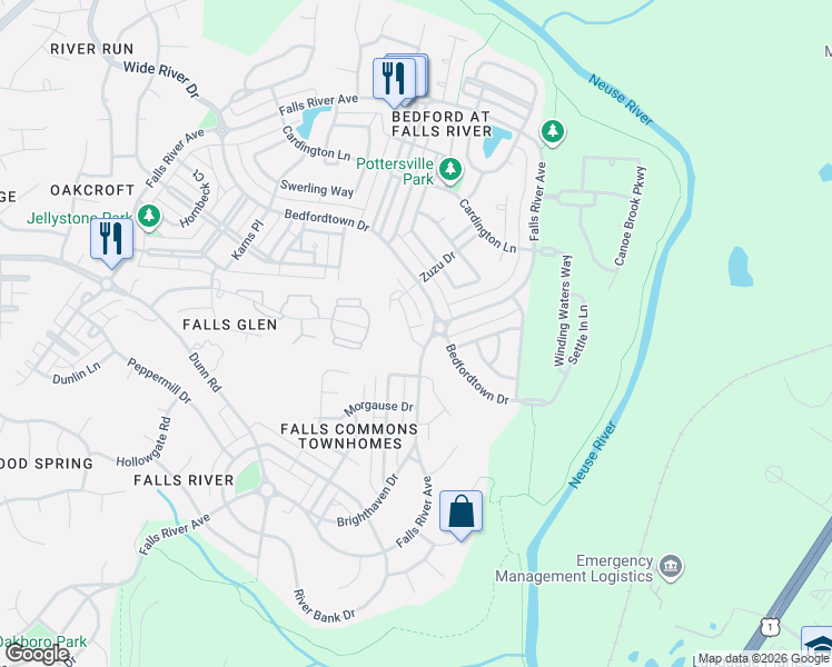 map of restaurants, bars, coffee shops, grocery stores, and more near 11316 Shadow Elms Lane in Raleigh