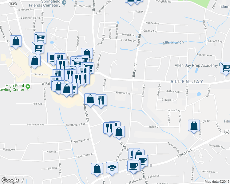 map of restaurants, bars, coffee shops, grocery stores, and more near 518 Weaver Avenue in High Point