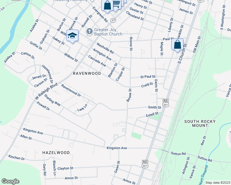 map of restaurants, bars, coffee shops, grocery stores, and more near in Rocky Mount