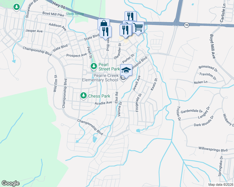 map of restaurants, bars, coffee shops, grocery stores, and more near Eliot Road in Franklin