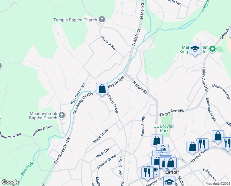 map of restaurants, bars, coffee shops, grocery stores, and more near 908 Creekway Drive Northwest in Lenoir