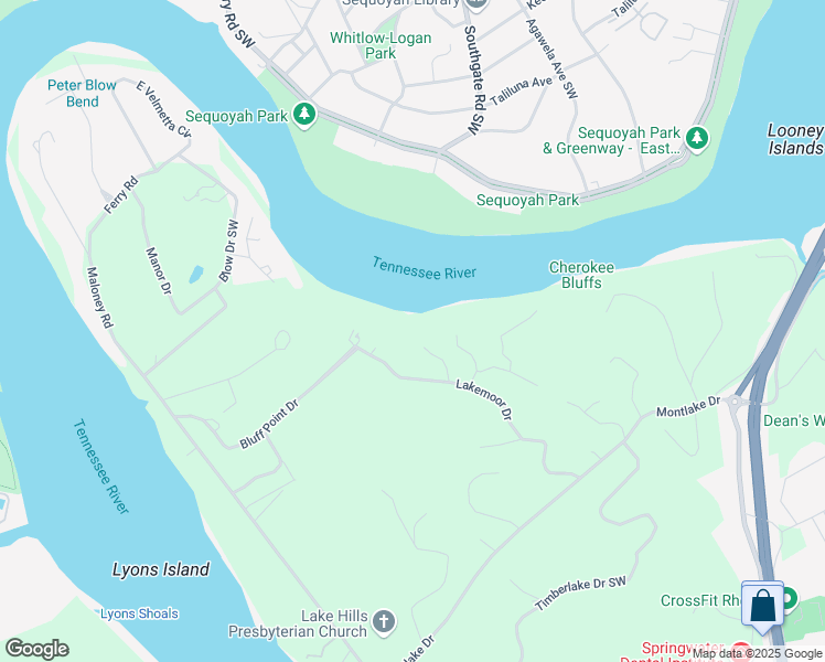 map of restaurants, bars, coffee shops, grocery stores, and more near 2300 Carriage Lane Southwest in Knoxville