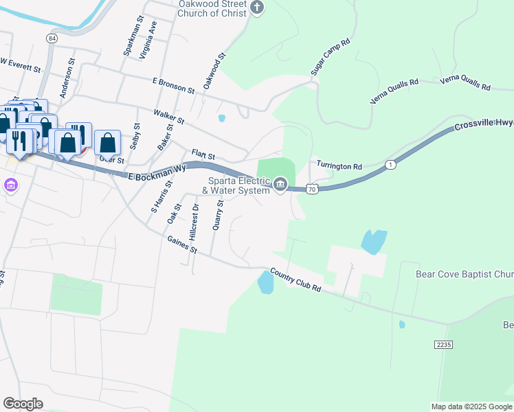 map of restaurants, bars, coffee shops, grocery stores, and more near 601 Knollcrest Drive in Sparta