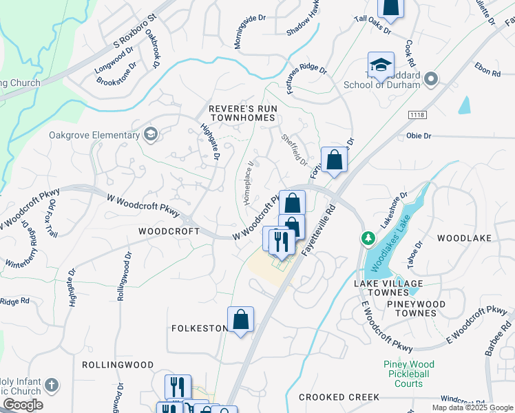 map of restaurants, bars, coffee shops, grocery stores, and more near 300 West Woodcroft Parkway in Durham