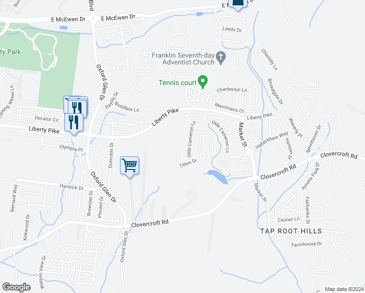 map of restaurants, bars, coffee shops, grocery stores, and more near 1366 Tilton Drive in Franklin