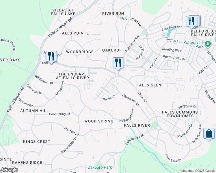 map of restaurants, bars, coffee shops, grocery stores, and more near 4502 All Points View Way in Raleigh