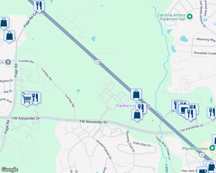 map of restaurants, bars, coffee shops, grocery stores, and more near 11321 Clubhaven Place in Raleigh