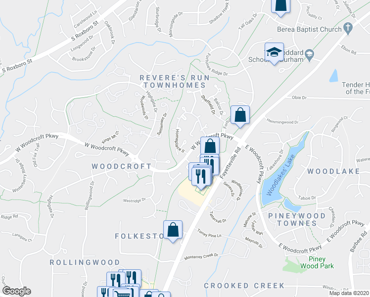 map of restaurants, bars, coffee shops, grocery stores, and more near 300 West Woodcroft Parkway in Durham
