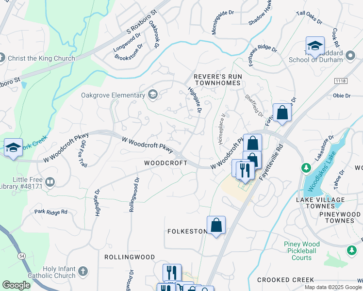 map of restaurants, bars, coffee shops, grocery stores, and more near 6 Weathergreen Court in Durham