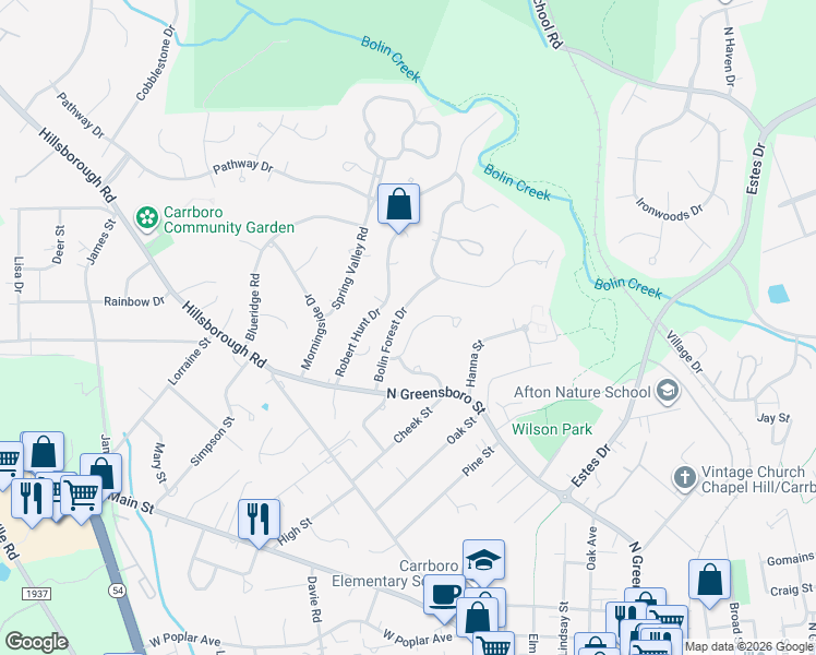 map of restaurants, bars, coffee shops, grocery stores, and more near 300 Robert Hunt Drive in Carrboro