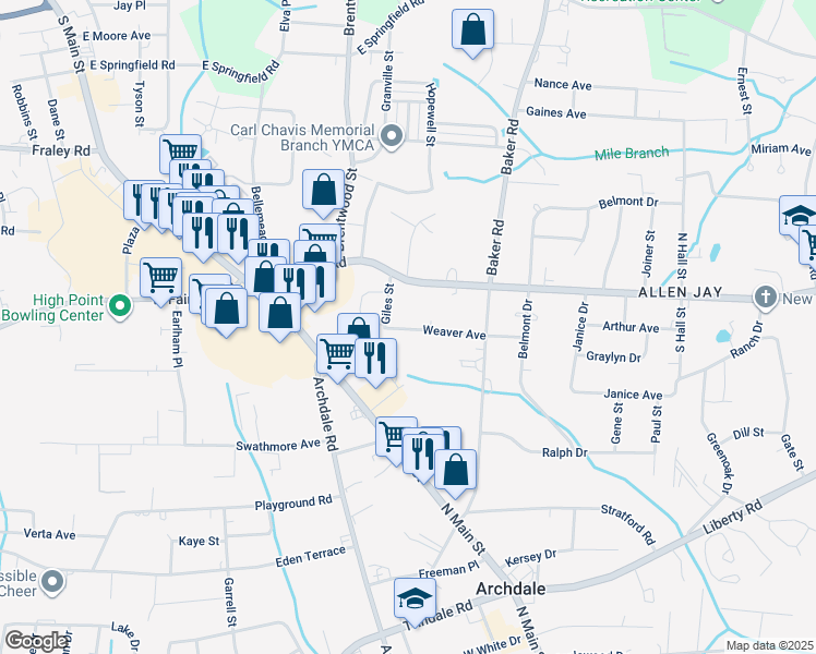 map of restaurants, bars, coffee shops, grocery stores, and more near 506 East Fairfield Road in High Point