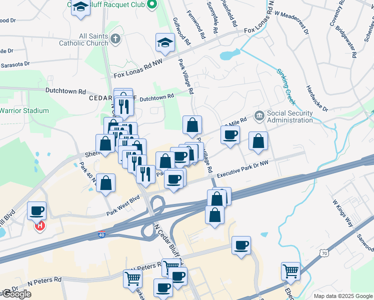 map of restaurants, bars, coffee shops, grocery stores, and more near 9115 Cross Park Drive in Knoxville