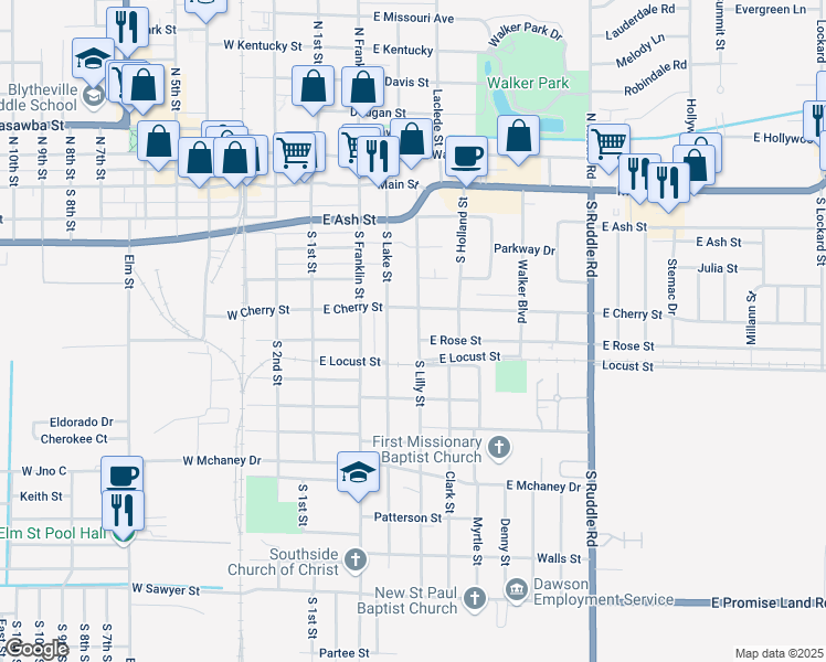 map of restaurants, bars, coffee shops, grocery stores, and more near 508 South Lake Street in Blytheville