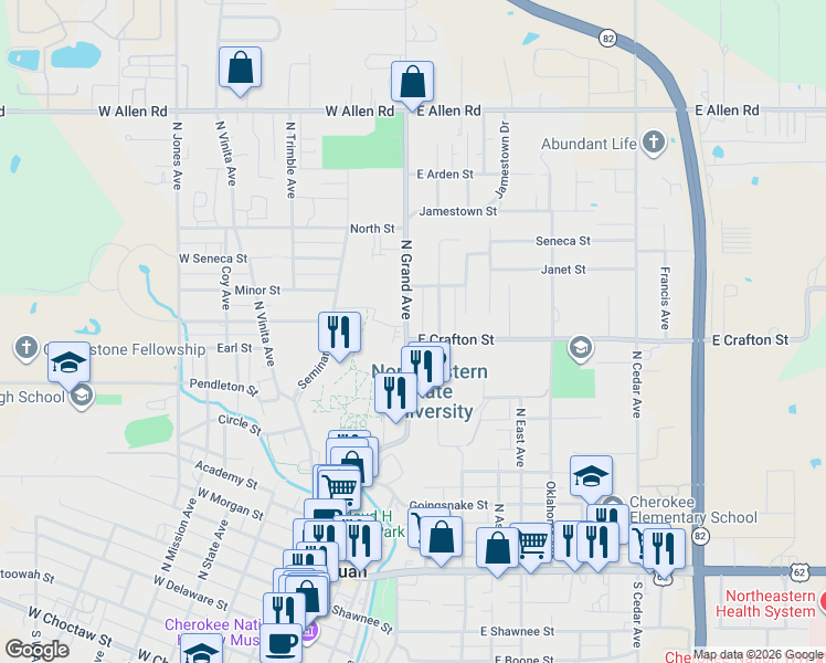map of restaurants, bars, coffee shops, grocery stores, and more near 904 North Grand Avenue in Tahlequah
