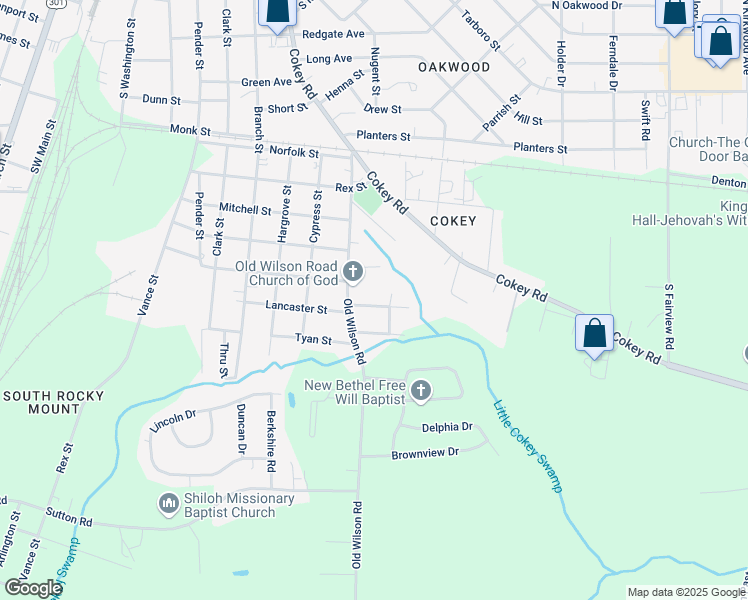 map of restaurants, bars, coffee shops, grocery stores, and more near 1024 Proctor Street in Rocky Mount