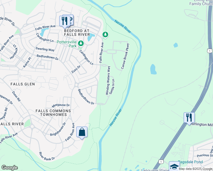 map of restaurants, bars, coffee shops, grocery stores, and more near 3023 Winding Waters Way in Raleigh