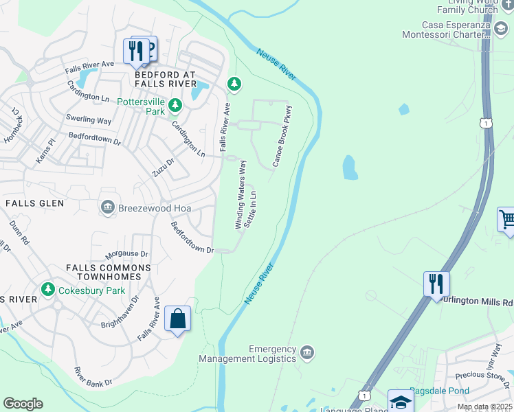 map of restaurants, bars, coffee shops, grocery stores, and more near 3048 Settle in Lane in Raleigh