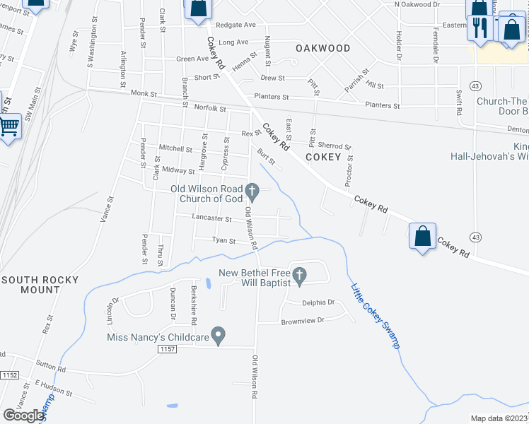 map of restaurants, bars, coffee shops, grocery stores, and more near 1022 Proctor Street in Rocky Mount