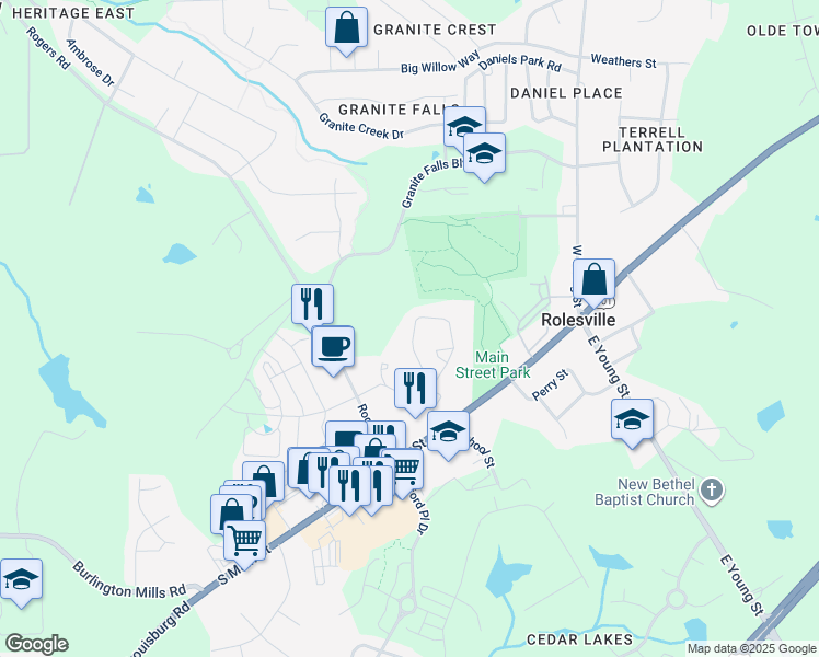 map of restaurants, bars, coffee shops, grocery stores, and more near 304 Brown Circle in Rolesville