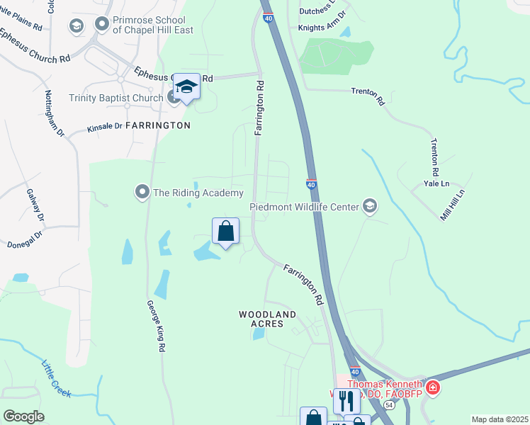map of restaurants, bars, coffee shops, grocery stores, and more near 5217 Farrington Road in Chapel Hill