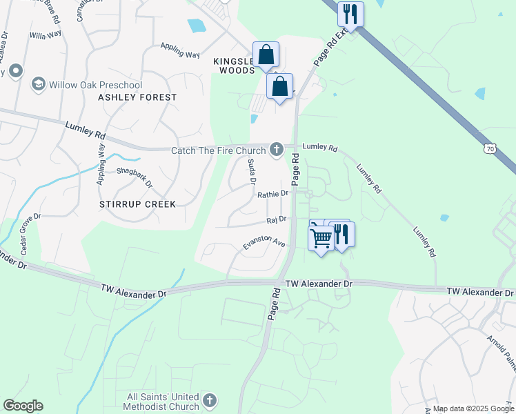 map of restaurants, bars, coffee shops, grocery stores, and more near 19 Gandhi Drive in Durham