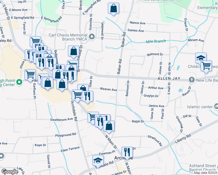 map of restaurants, bars, coffee shops, grocery stores, and more near 525 Weaver Avenue in Archdale