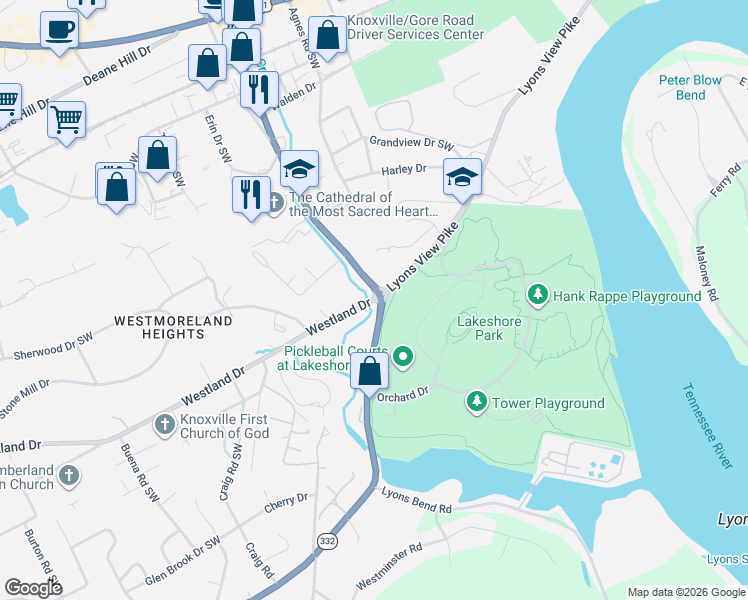 map of restaurants, bars, coffee shops, grocery stores, and more near 3305 Westland Drive in Knoxville