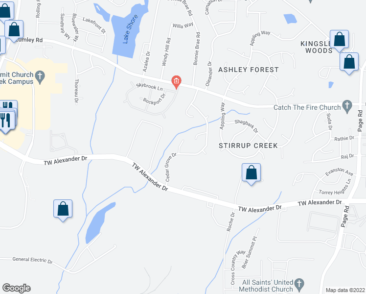 map of restaurants, bars, coffee shops, grocery stores, and more near 6 Alexis Court in Durham