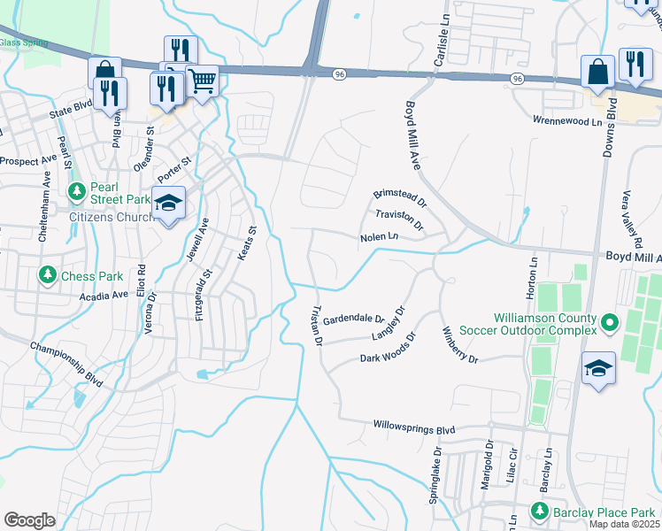 map of restaurants, bars, coffee shops, grocery stores, and more near 3213 Peyton Court in Franklin