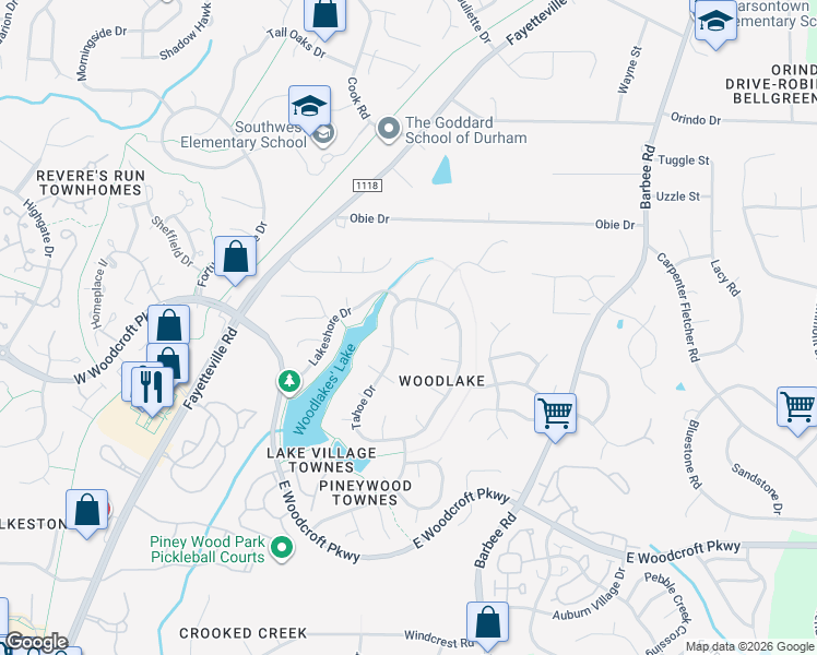 map of restaurants, bars, coffee shops, grocery stores, and more near 10 Placid Court in Durham