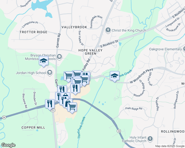 map of restaurants, bars, coffee shops, grocery stores, and more near 4657 Hope Valley Road in Durham