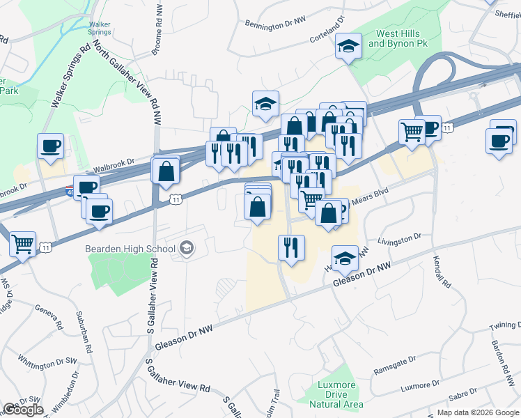 map of restaurants, bars, coffee shops, grocery stores, and more near 1645 Downtown West Boulevard in Knoxville