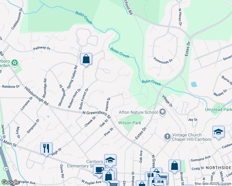 map of restaurants, bars, coffee shops, grocery stores, and more near 121 Hanna Street in Carrboro
