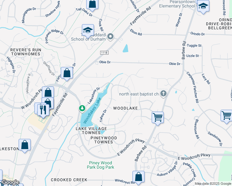 map of restaurants, bars, coffee shops, grocery stores, and more near 10 Placid Court in Durham