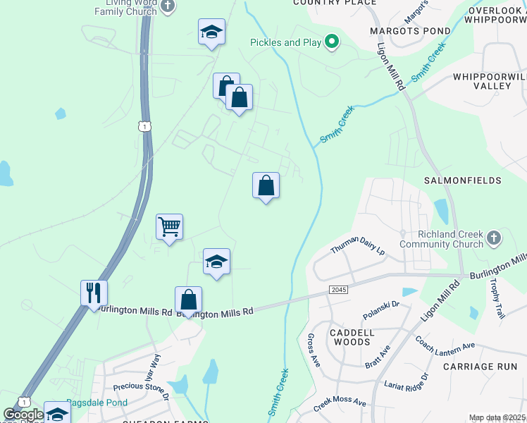 map of restaurants, bars, coffee shops, grocery stores, and more near 5036 1 World Way in Wake Forest