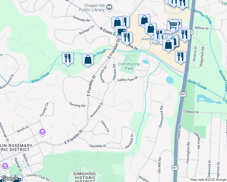 map of restaurants, bars, coffee shops, grocery stores, and more near 1112 Valley Park Drive in Chapel Hill