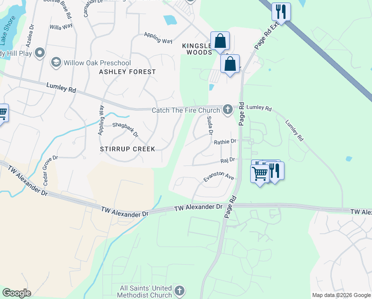 map of restaurants, bars, coffee shops, grocery stores, and more near 1704 Shiva Court in Durham