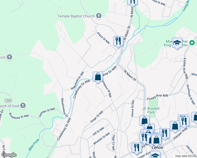 map of restaurants, bars, coffee shops, grocery stores, and more near 835 Creekway Dr NW in Lenoir